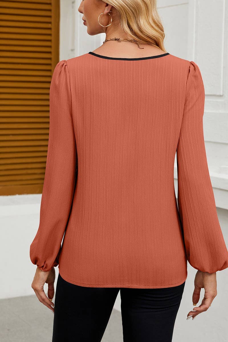 CWTBLL4010_COLORBLOCK V-NECK PUFF SLEEVE BLOUSE