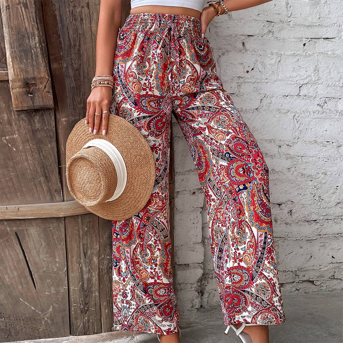 Boho Paisley print long wide-legged pants