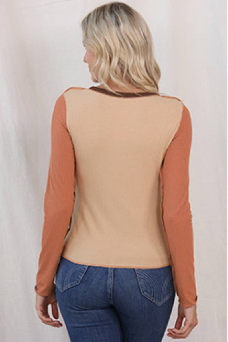 CWOSWL3005_KNIT CREW NECK LONG SLEEVE COLOR CONTRAST TOP