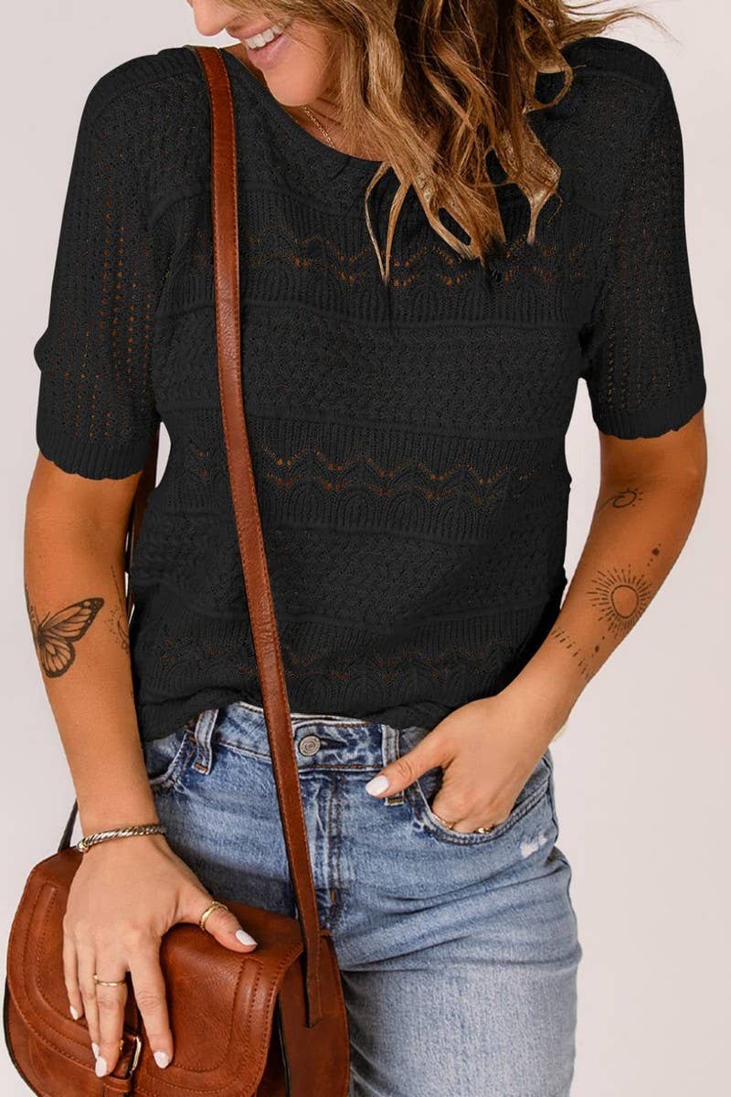 CWOSWS0144_CROCHET HOLLOW OUT KNIT SHORT SLEEVE TOP