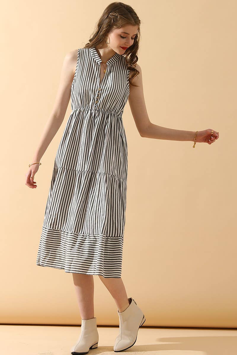 CWDMD821_STRIPE SLEEVELESS SHIRT COLLAR CANCAN DRESS