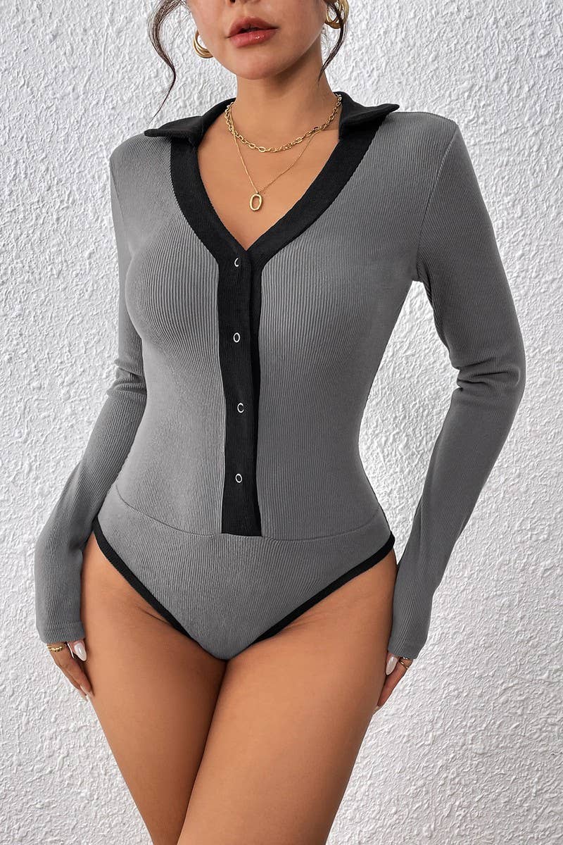 CWSBSL0130_LAPEL CONTRAST COLOR RIBBED BRUSHED BODYSUIT