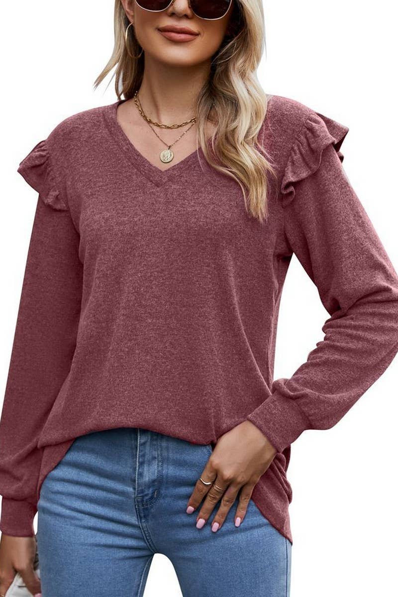 CWTTL1646_V-neck Long Sleeve Pullover Top
