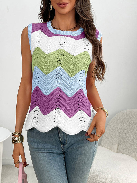 Contrasting color wavy round-neck pullover vest