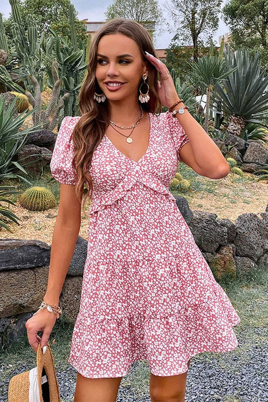 CWDSD8308_FLORAL PUFF SLEEVE V-NECK FRENCH STYLE DRESS