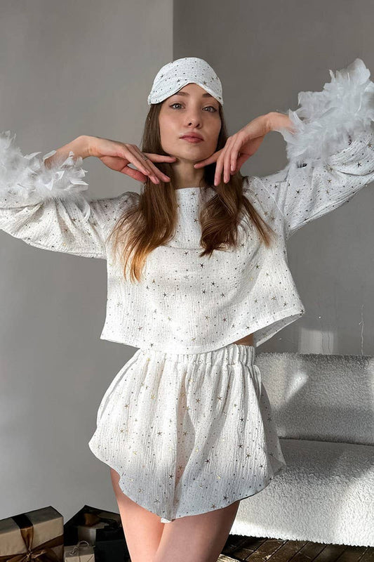 CWSPJ0311_PURE COTTON FEATHER LONG-SLEEVED SHORTS PAJAMAS