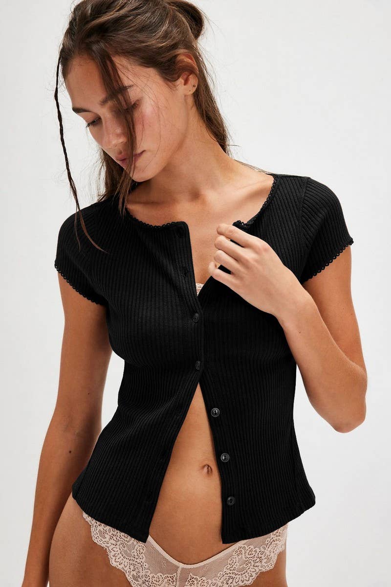 CWTBLS1774_THREADED BUTTON SHORT SLEEVE CARDIGAN TOP