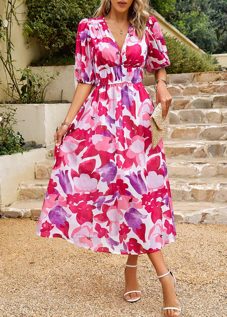 Elegant Waist-Cinched Asymmetrical Floral Dress