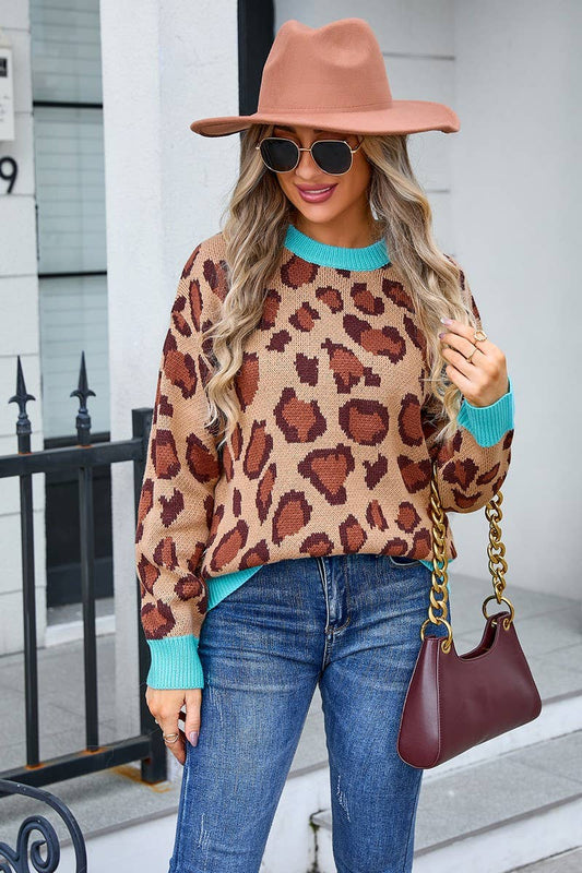 CWOSWL3073_LEOPARD PRINT CREW NECK KNITTED SWEATER