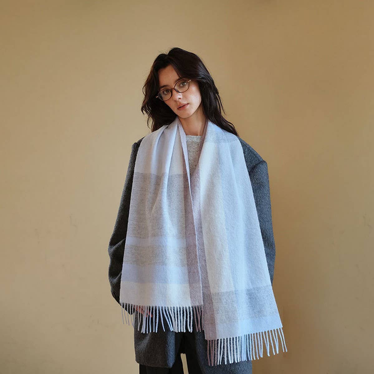 Blue Check Wool Scarf Winter Warmth Unisex Shawl_CWASC2308