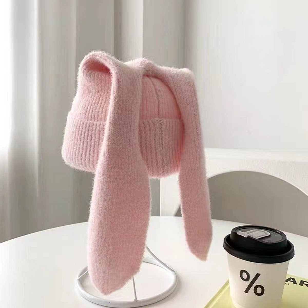 CWAH2212_SOLID COLOR LONG EAR RABBIT KNITTED WOOL HAT