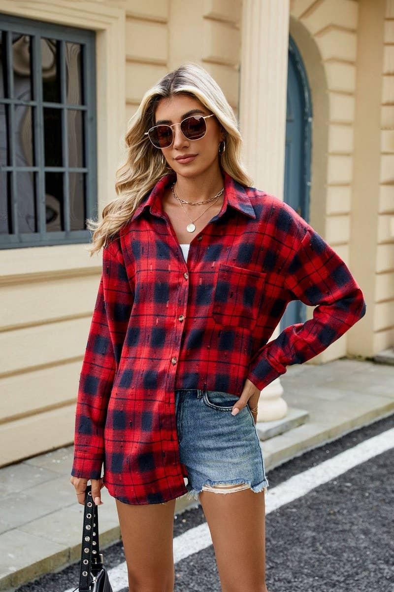 CWTSTL2063_CROCHET LONG-SLEEVED LOOSE LAPEL PLAID SHIRT