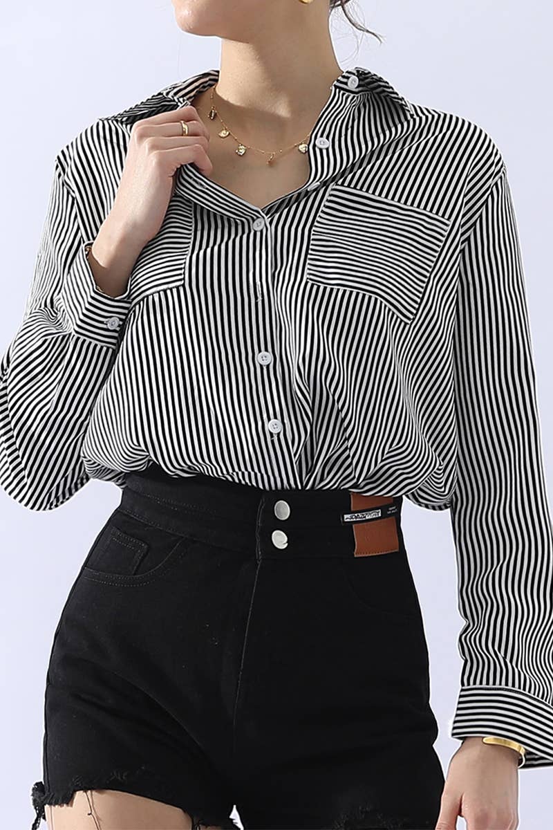 CWTSTL451_VERTICAL STRIPE BUTTON DOWN TWO POCKETS SHIRTS