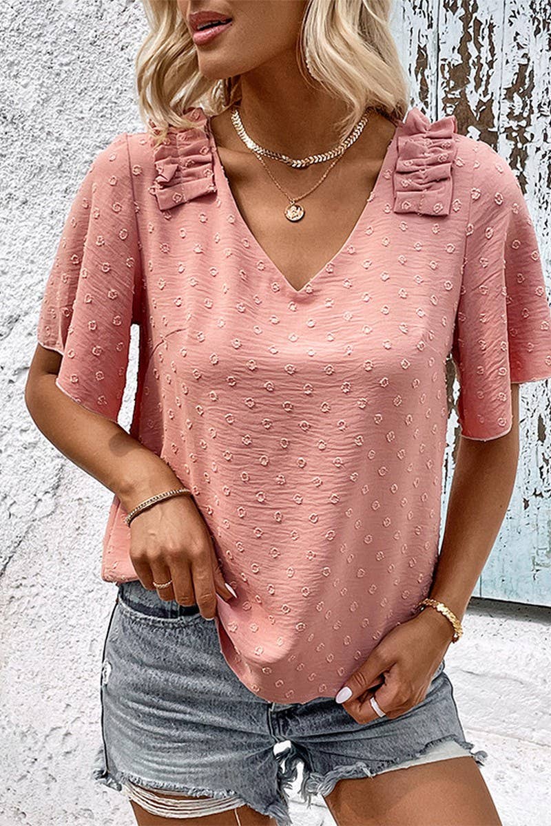 CWTBLS0375_V-Neck Short Sleeve Ruffle Detailed Blouse