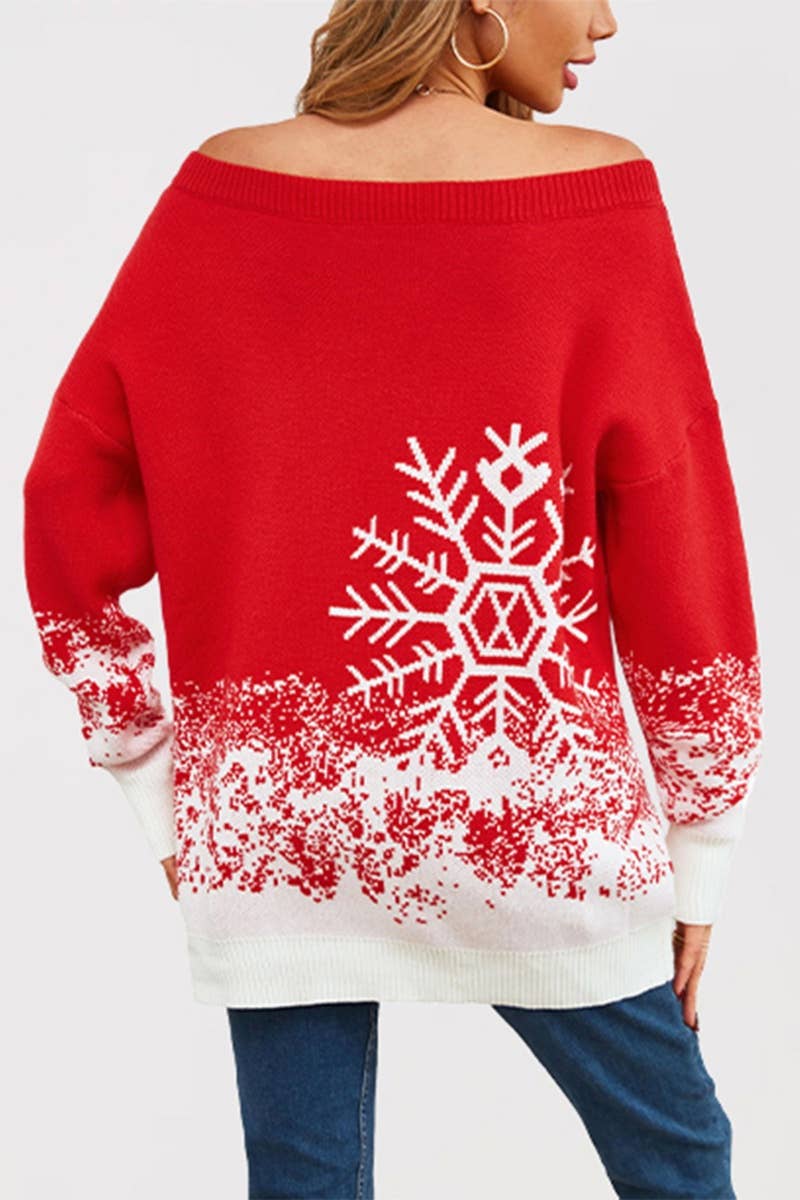 CWOSWL5837_CHRISTMAS LONG-SLEEVED SNOWFLAKE SHOULDER SWEATER