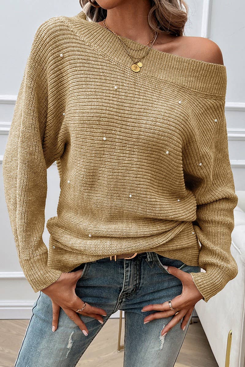 CWOSWL6510_ONE-SHOULDER SOLID COLOR LONG-SLEEVED SWEATER