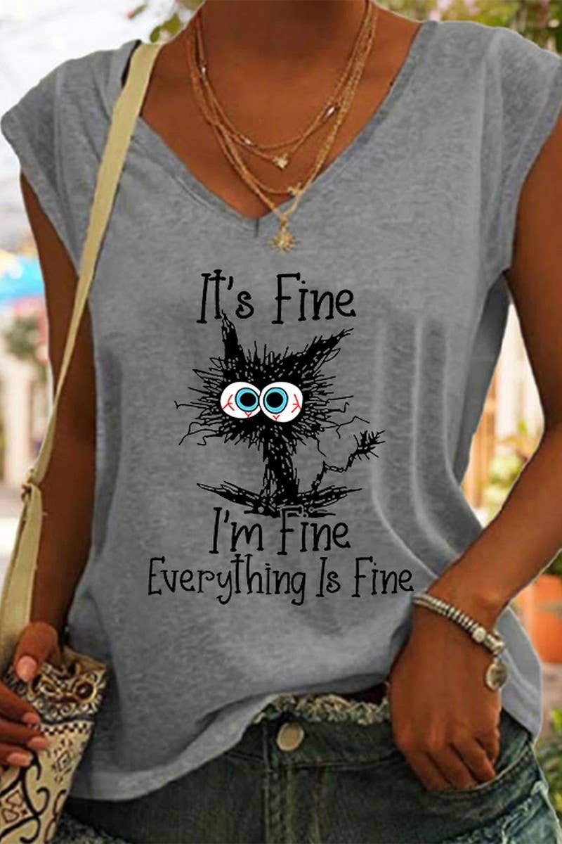 CWTTSL0258_V-NECK PRINTED LOOSE SLEEVELESS T-SHIRT