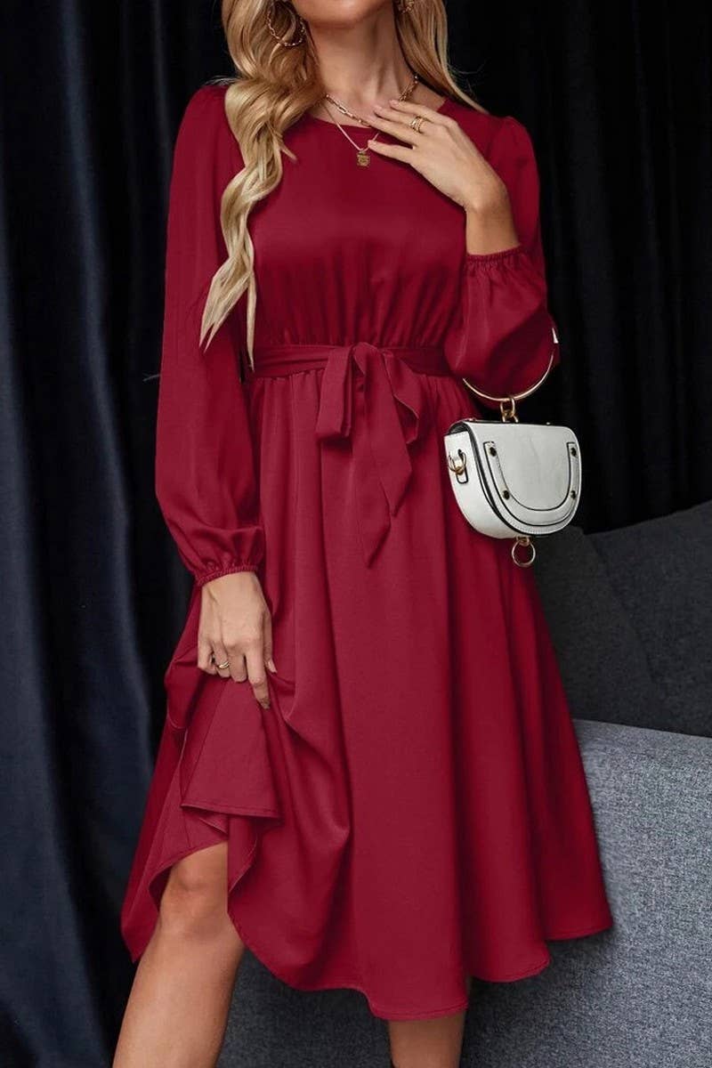 CWDMD5771_BALLOON SLEEVE KEYHOLE TIE BACK SATIN DRESS