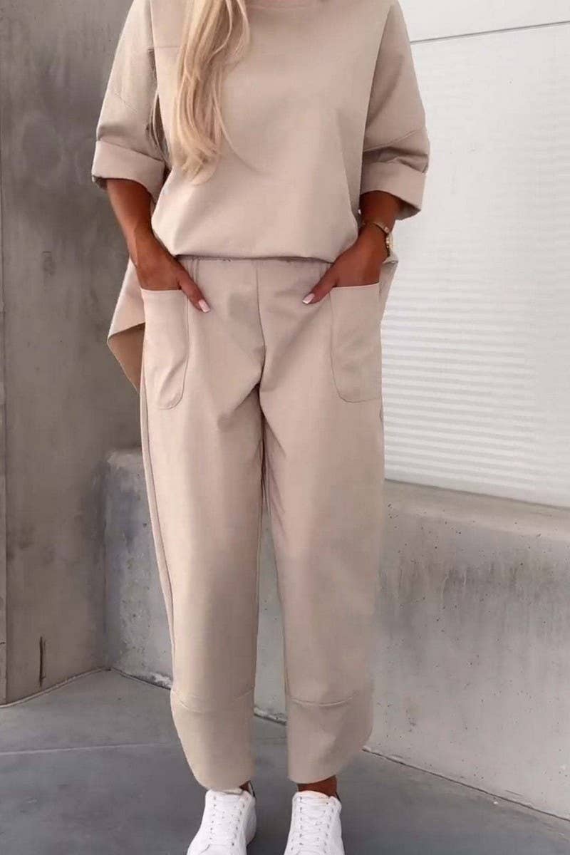 CWSTB1415_SOLID COLOR ROUND NECK LONG SLEEVE TROUSERS SUIT