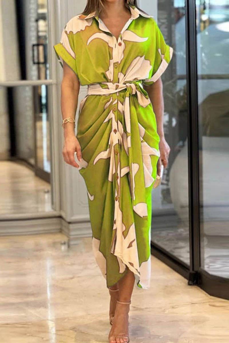 CWDMD4064_LAPEL PRINTED MIDI SHORT SLEEVE TIE SHIRT DRESS