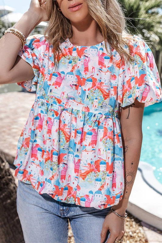 CWTBLS1330_BOHO CREW-NECK FLORAL SHORT-SLEEVED TOP