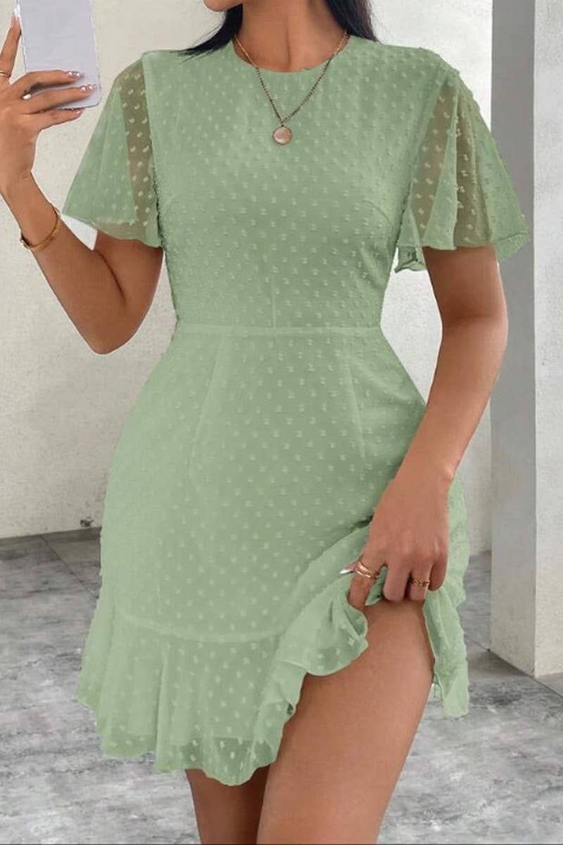 CWDSD8788_SUMMER V-NECK POLKA DOT LACE-UP DRESS