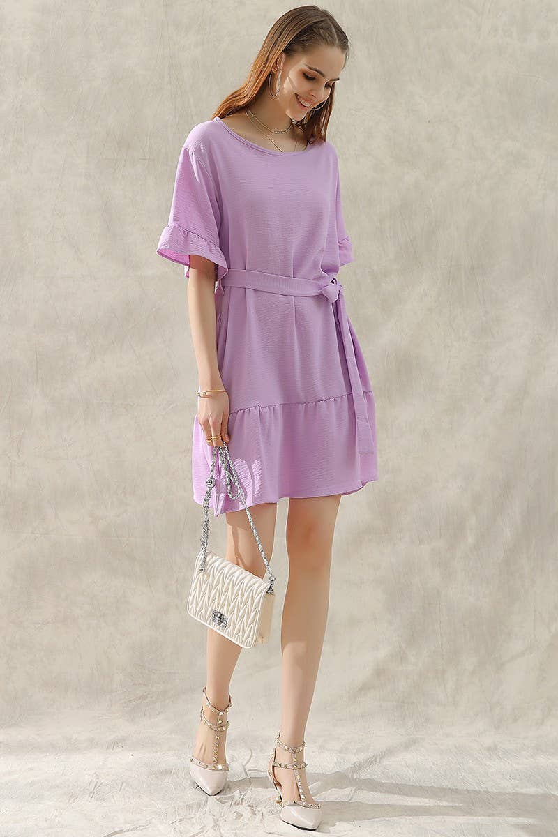 CWDSD10405_WAIST BOW TIE MIDI RUFFLE SHORT MIDI DRESS