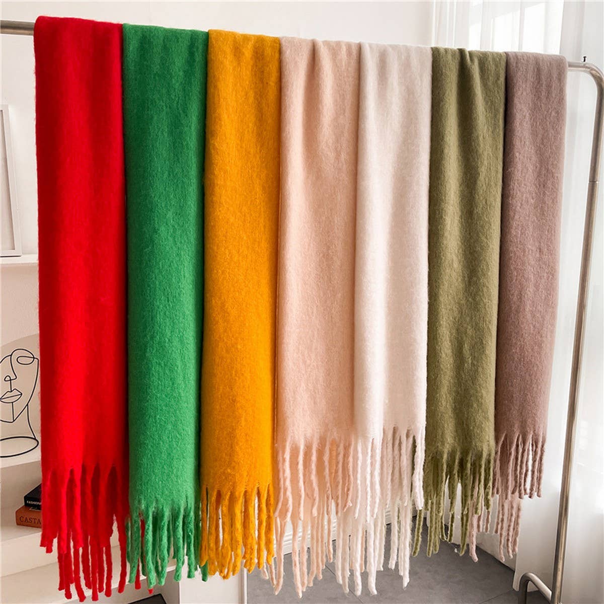 Mohair Tassel Scarf for Winter, Unisex Long Shawl