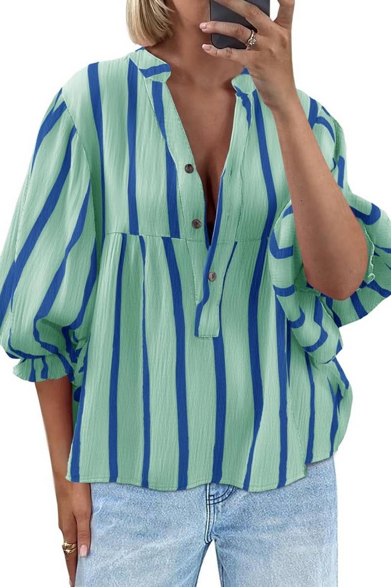 CWTBLL01203_2025 SUMMER FALL STRIPED PUFF SLEEVE BLOUSE