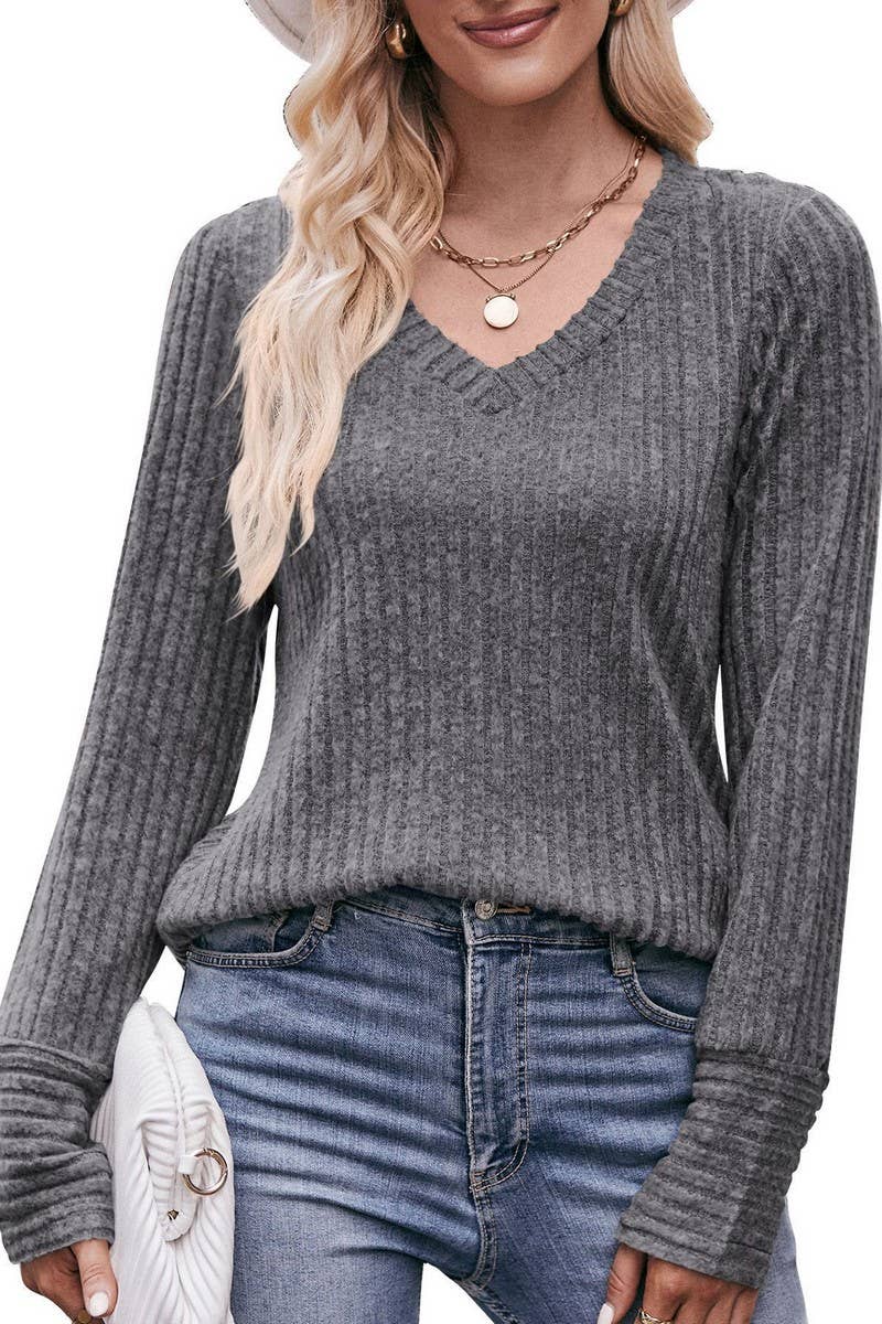 CWTBLL1831_V-NECK SOLID COLOR LONG-SLEEVED BRUSHED TOP
