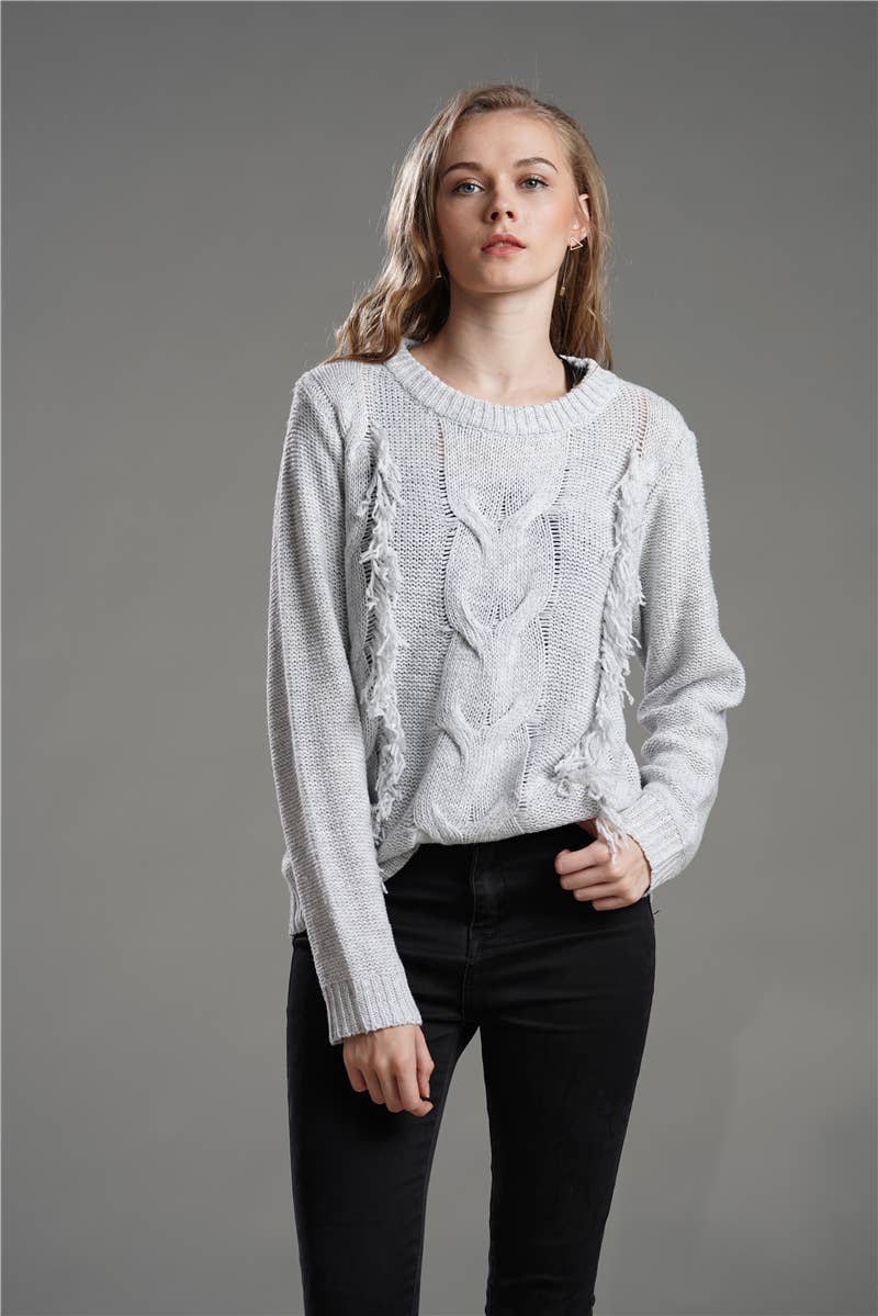 CREWNECK LONG SLEEVE PULLOVER SWEATER WITH FRINGE