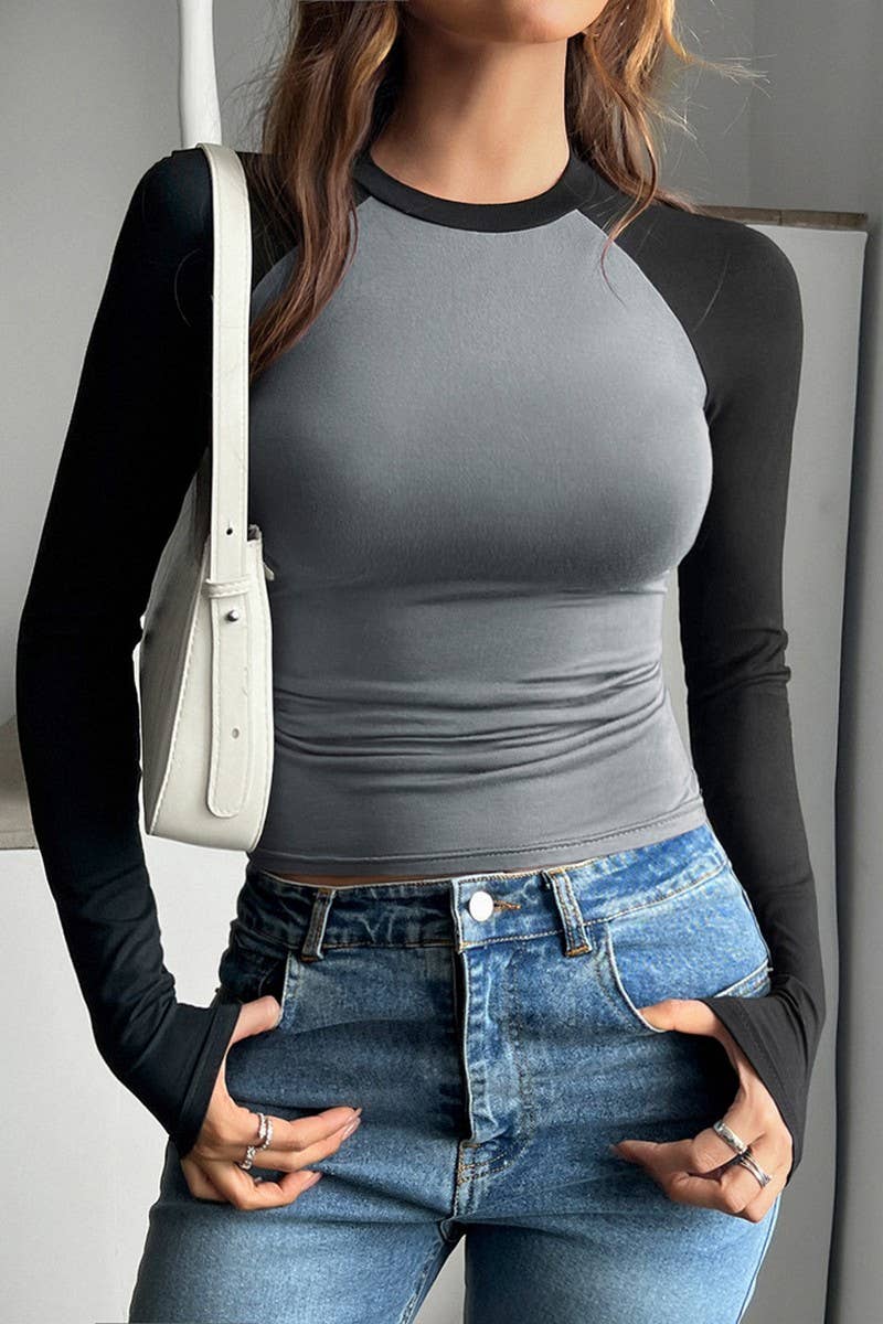 CWTTL2026_SEXY ROUND NECK CONTRAST COLOR LONG SLEEVE T-SHIRT