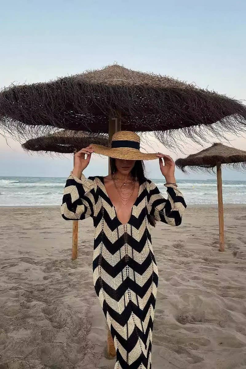 CWDMD4148_LONG-SLEEVED KNITTED ROUND NECK LACE HOLLOW DRESS