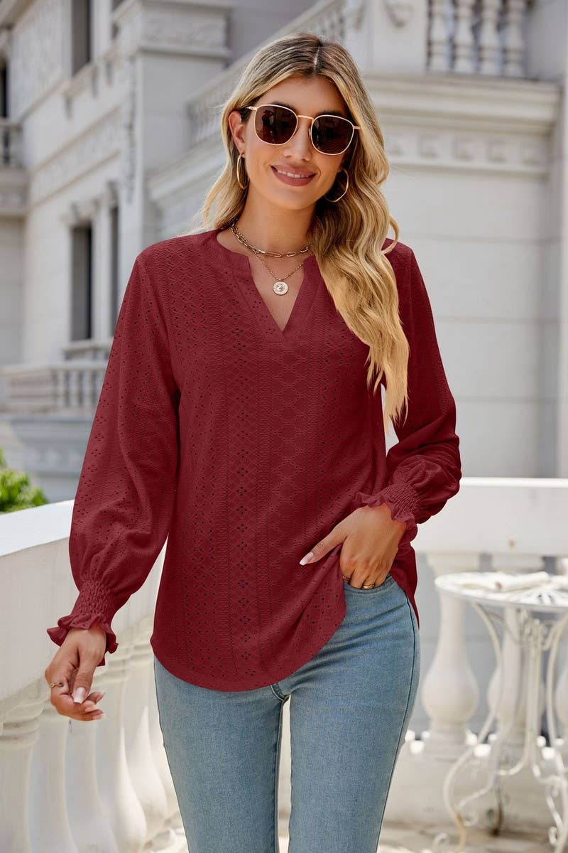 CWTBLL2407_V-NECK HOLLOW PLEATED LOTUS LEAF SLEEVE TOP