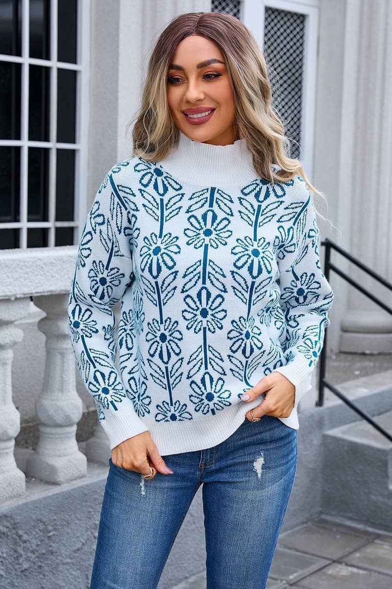 CWOSWL3108_CASUAL TURTLENECK PULLOVER FLORAL KNITTED SWEATER