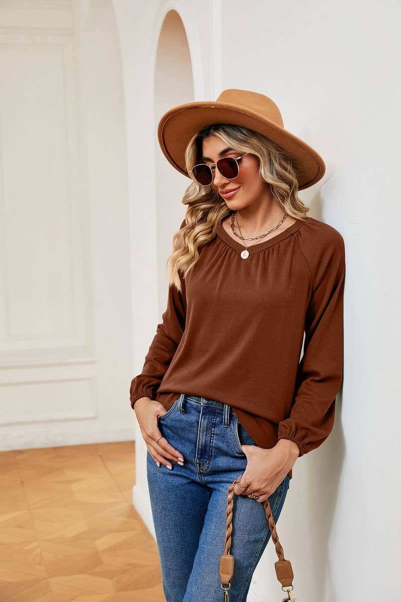 CWTBLL2370_LONG SLEEVE V NECK PLEATED LOOSE PULLOVER