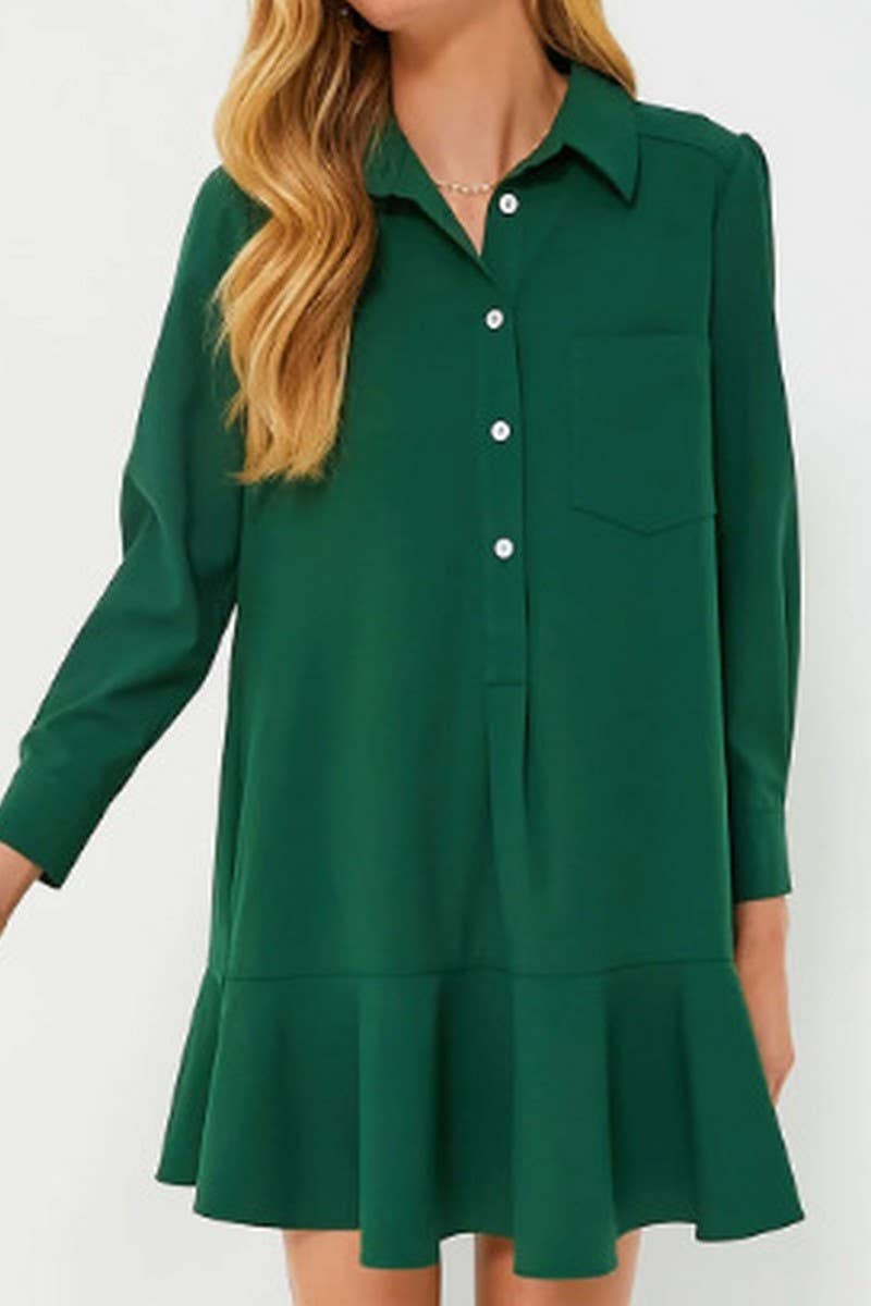 CWDSD8254_LONG SLEEVE SHIRT HEM RUFFLE DRESS