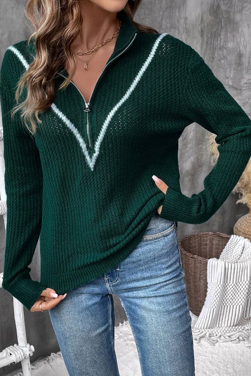 CWOSWL3839_CONTRAST COLOR ZIP-UP PULLOVER KNIT SWEATER