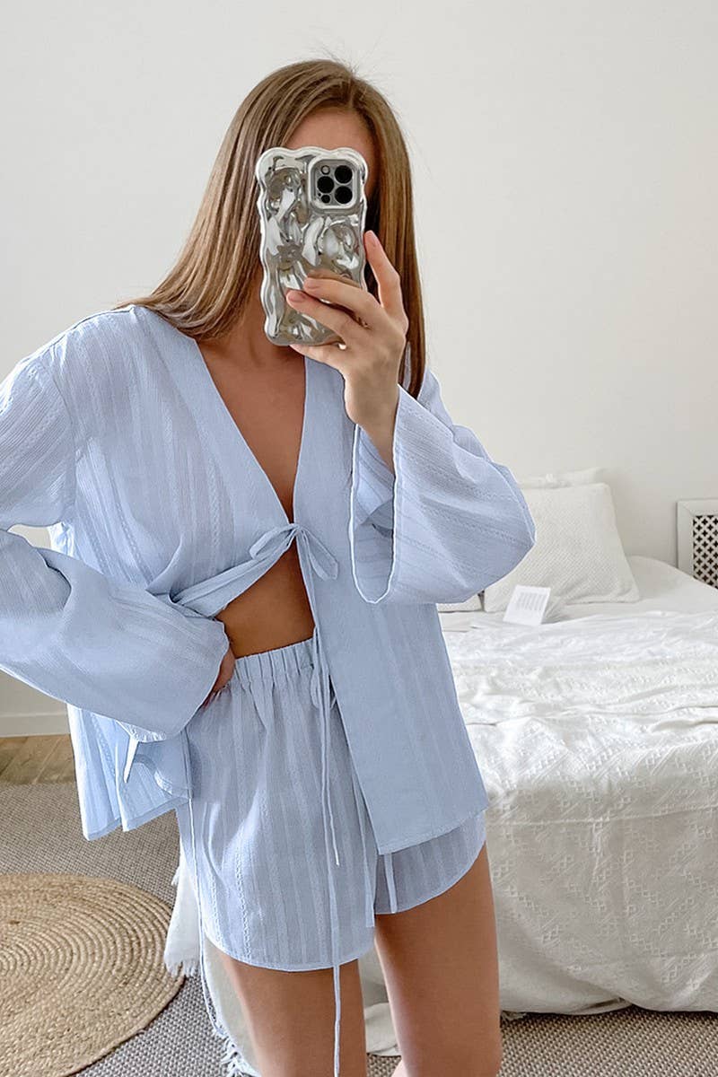 CWSPJ0347_COTTON JACQUARD LONG SLEEVE SHORTS PAJAMA SET