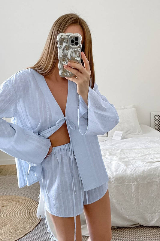 CWSPJ0347_COTTON JACQUARD LONG SLEEVE SHORTS PAJAMA SET