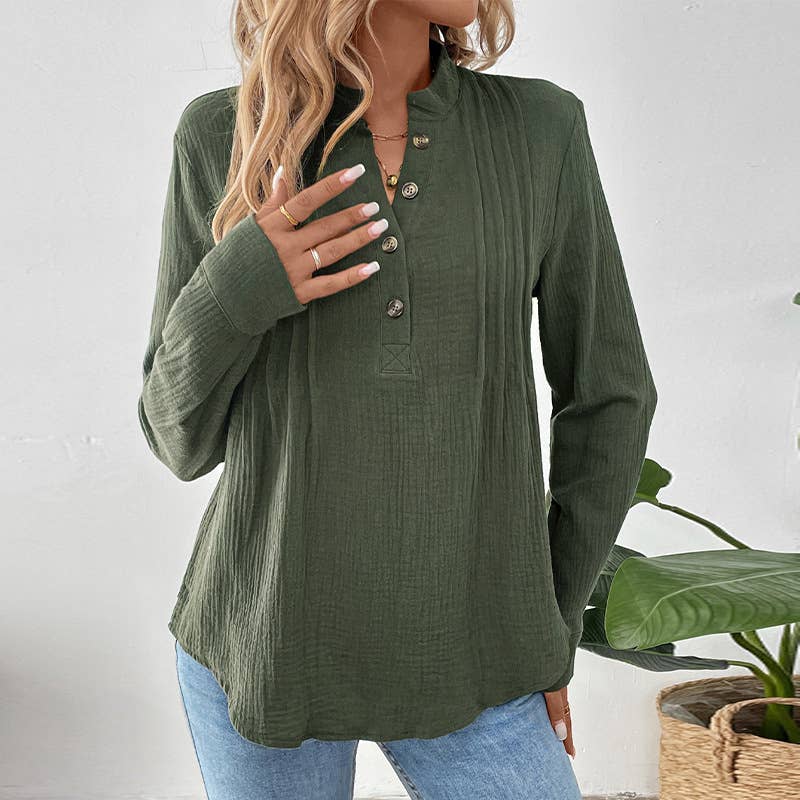 BUTTON-DOWN V-NECK SOLID COLOR PULLOVER SHIRT