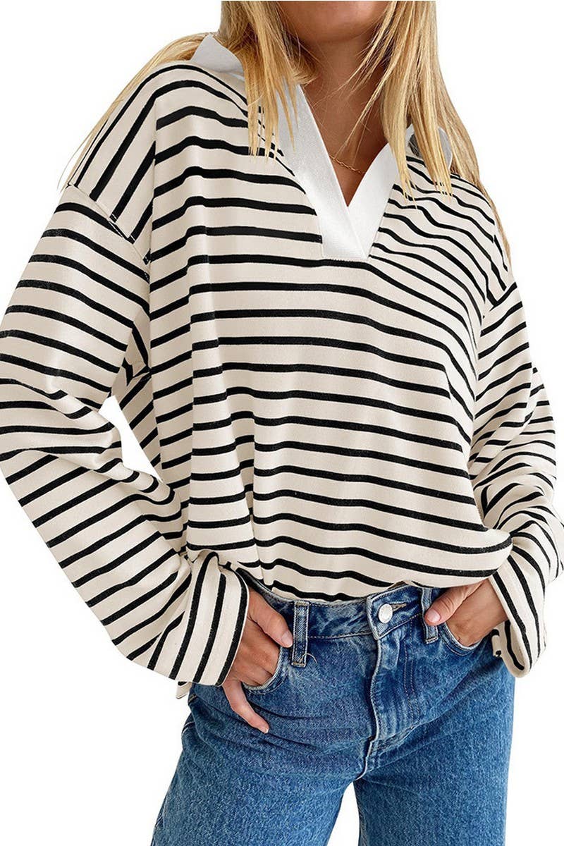 CWTBLL1811_LAPEL STRIPED V-NECK LOOSE SWEATSHIRT