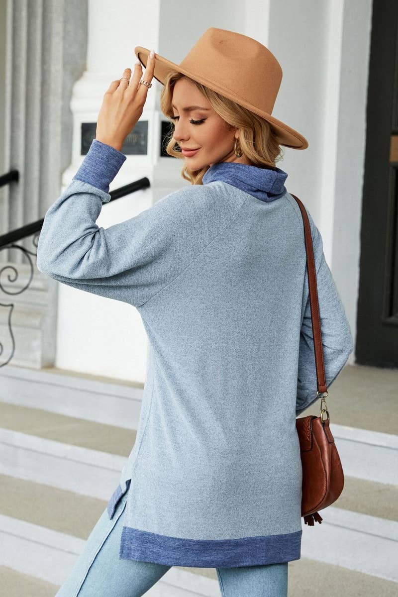 CWOSWL6537_HIGH-NECK CONTRASTING COLOR LONGSLEEVED SPLIT TOP