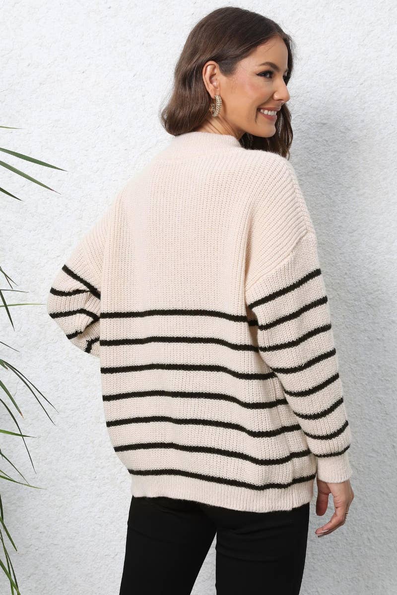 CWOSWL6730_KNIT ZIPPER STRIPED LONG-SLEEVED SWEATER