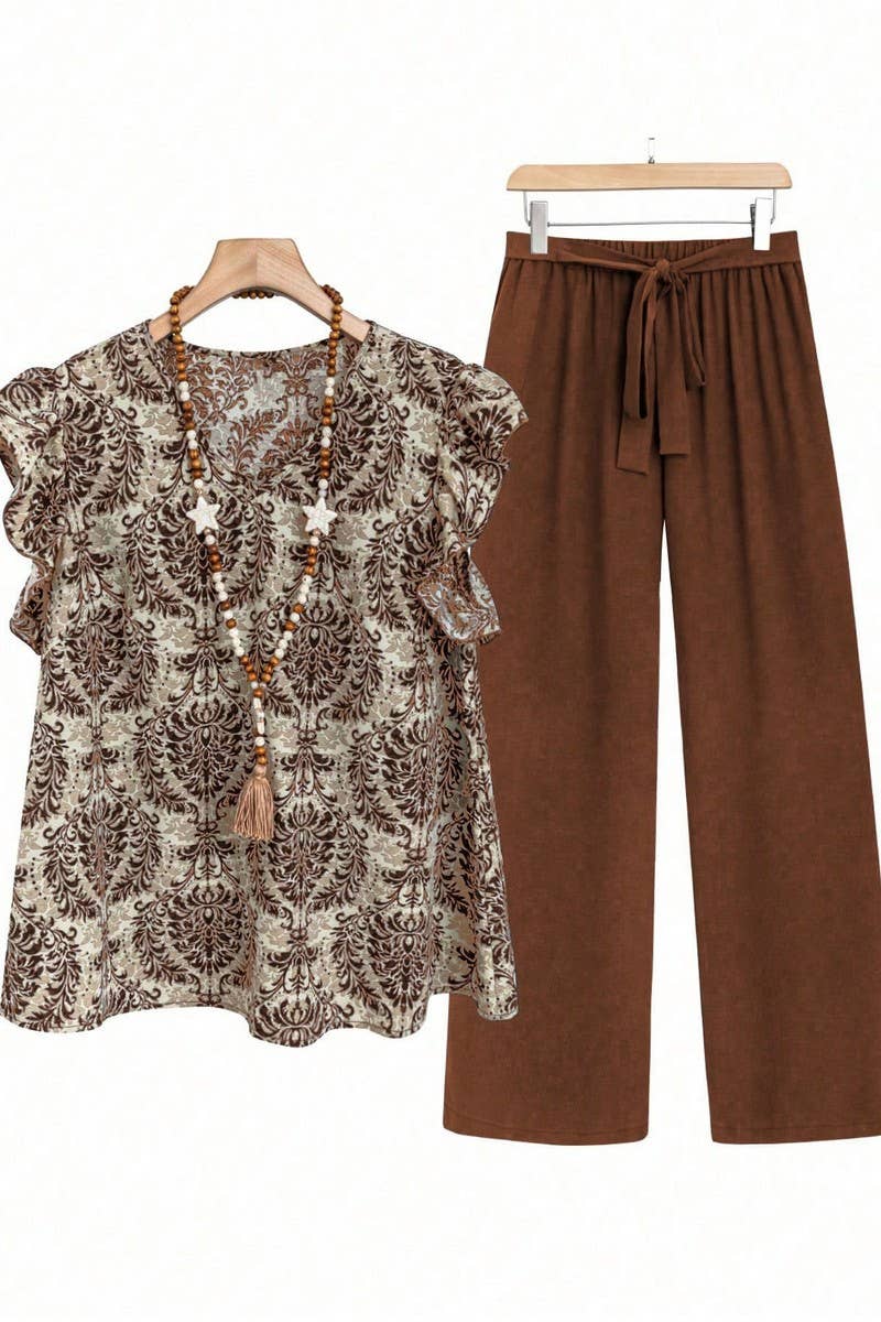 CWSS1104_LOOSE-FITTING RUFFLE SLEEVE FLORAL PRINT SUIT