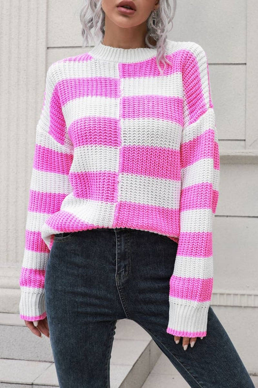 CWOSWL6405_WINTER STRIPED PLAID LONG-SLEEVED SWEATER