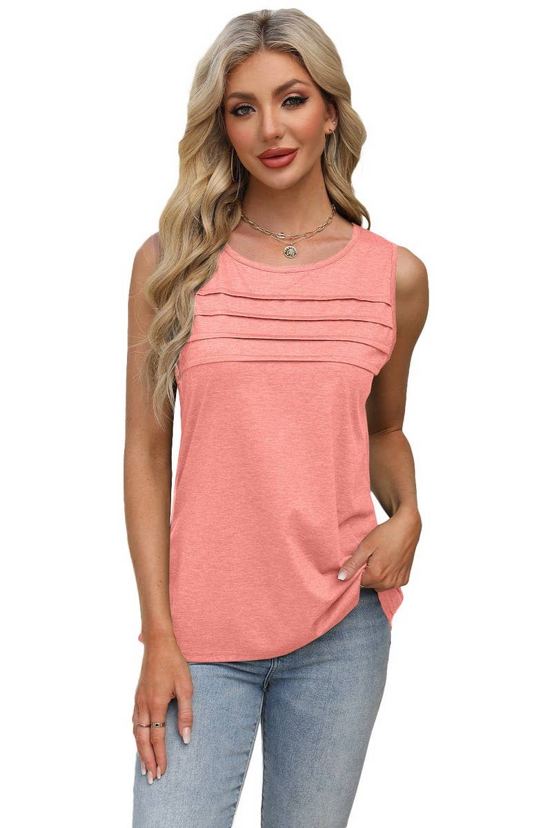 CWTBLSL0668_SOLID COLOR U-NECK PLEATED VEST T-SHIRT TOP