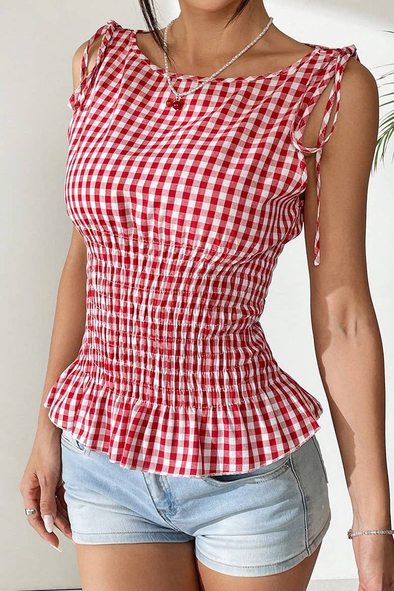 CWBLP2060_TEMPERAMENT PLAID SUSPENDER DRAWSTRING TOP
