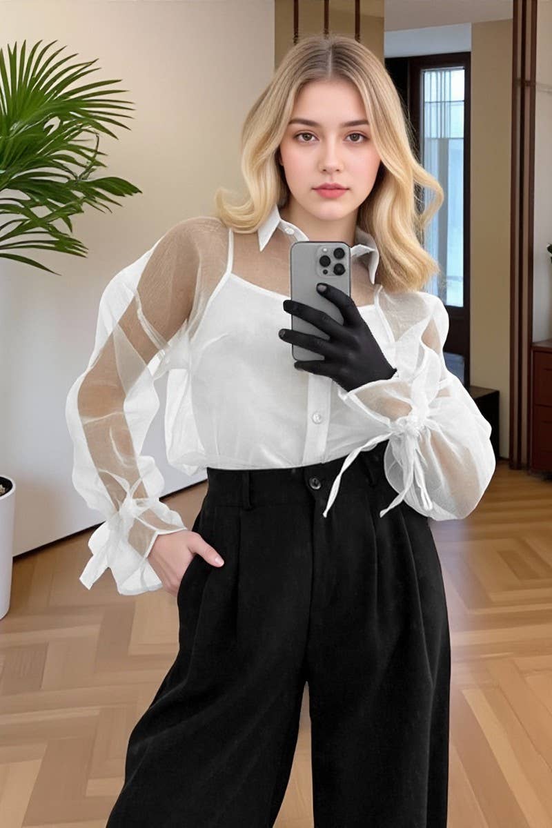 CWTSTL902_SEXY MESH LACE-UP SEE-THROUGH LONG-SLEEVED SHIRT