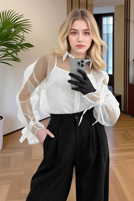 CWTSTL902_SEXY MESH LACE-UP SEE-THROUGH LONG-SLEEVED SHIRT